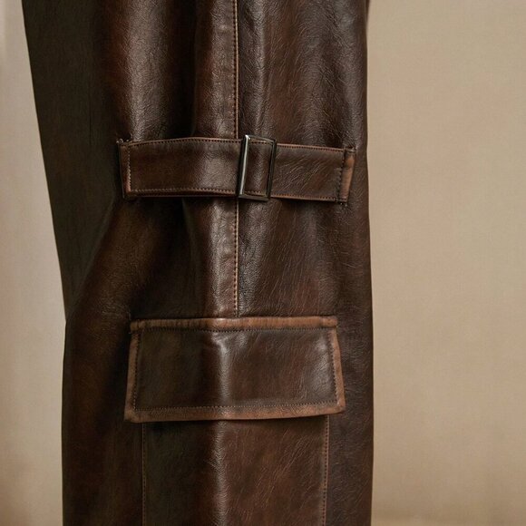 Coffee Brown Casual Women's Merlot Vintage Distressed Faux Cargo Pants - Picture 6 of 6